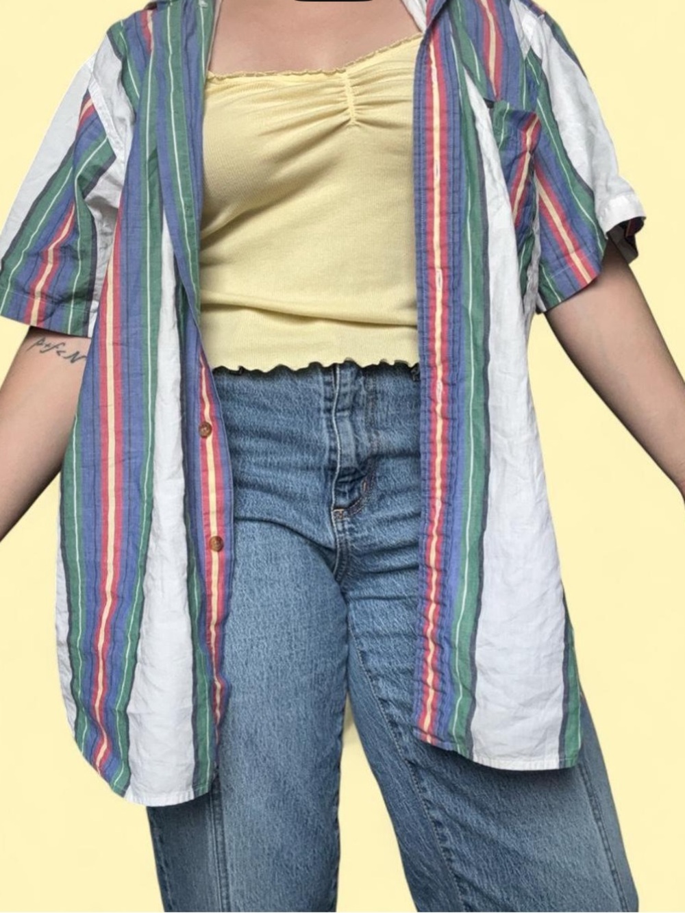 Casual Striped Button-Up Shirt with Yellow Tank